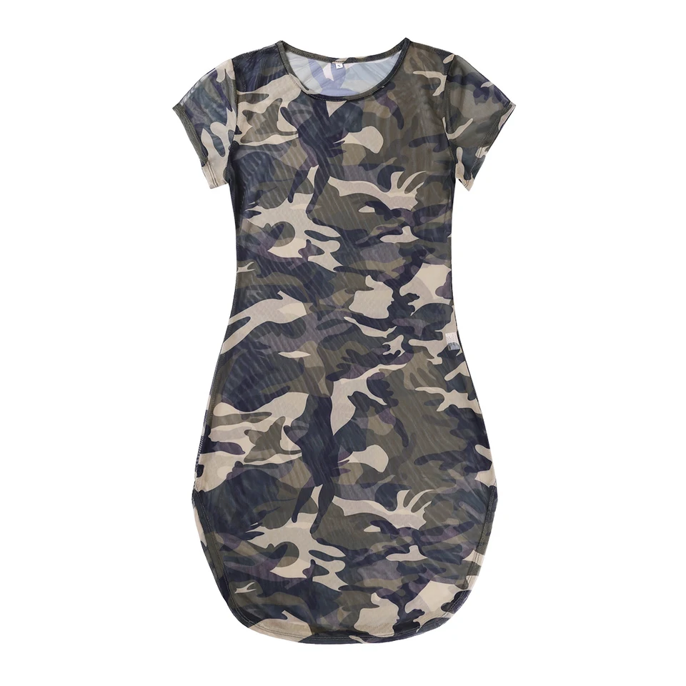 Women's Camouflage Sheer Mesh Mini Dress - Side Slit Beach Sundress, See Through Summer Dress