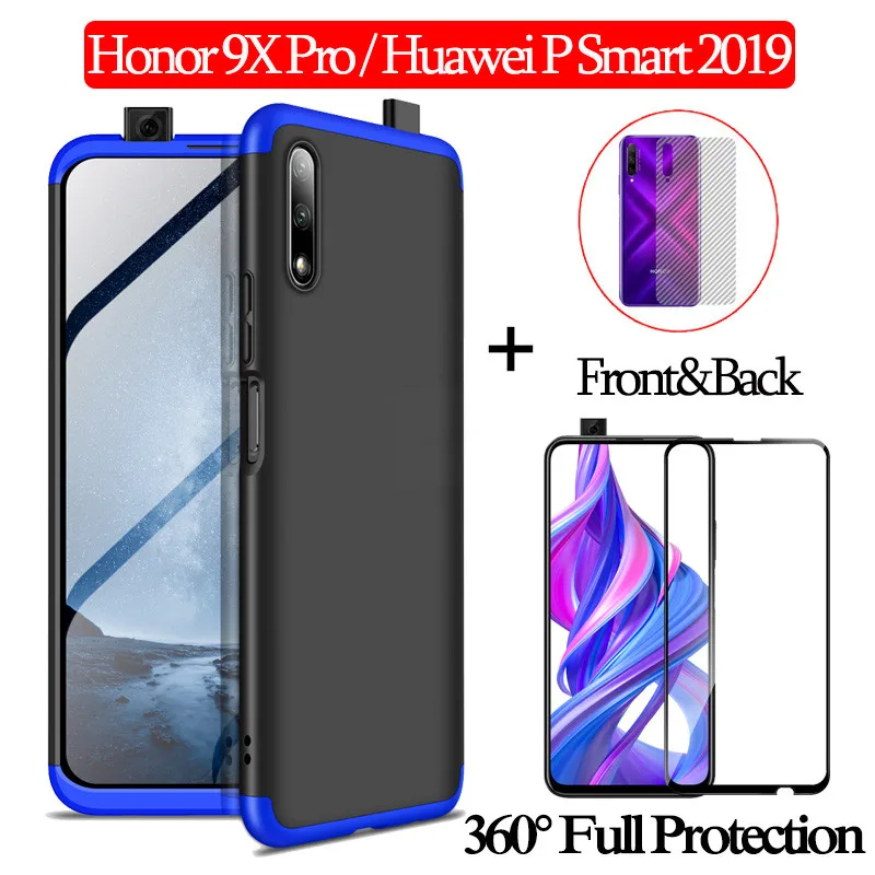 3-в-1 cтекло+ 360 Защитный чехол на хонор 9x чехол Honor 9X Pro полная защита чехол Huawei-P-Smart- чехол хуавей-п-смарт- Пластик жесткий чехол хонор-9x задняя крышка чехол honor-9x - Цвет: CaseFrontBackGlass3