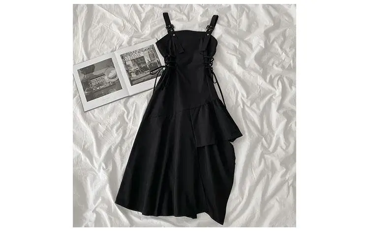 Streetwear Women Dress Fashion Summer Asymmetrical Sleeveless Sundress Lace-up Vintage Black Solid College Harajuku Chic Girls satin dress