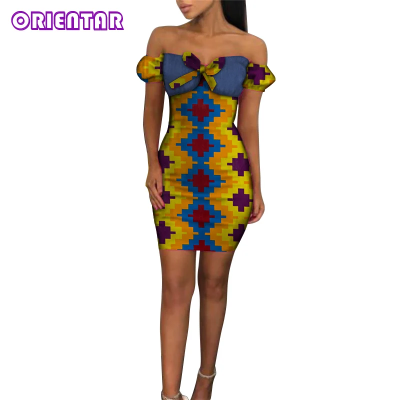 Африканские платья для женщин, сексуальное мини-платье с вырезом лодочкой и бантом, Африканский принт, Bazin Riche, африканская одежда для вечеринки, WY5841