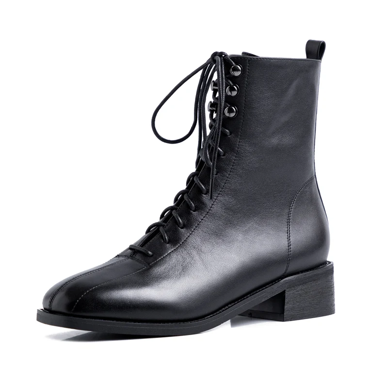 Женские зимние ботинки; ботильоны из натуральной кожи на низком каблуке с круглым носком и шнуровкой на молнии; женские водонепроницаемые зимние ботинки в стиле ретро; обувь года - Color: black