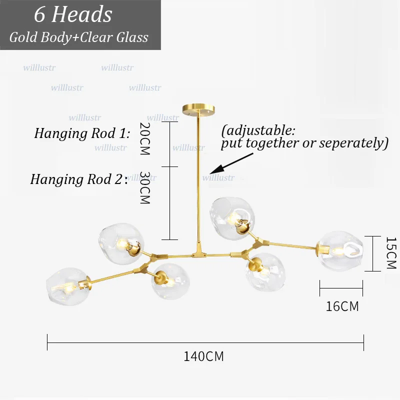 6 Heads Gold-Clear Творческий Стекло подвесной светильник утюг с регулируемой Форма отель Холл кафе Mall Lounge Обеденная Спальня Nordic Висячие Подвеска Свет - Цвет корпуса: 6 Heads Gold-Clear
