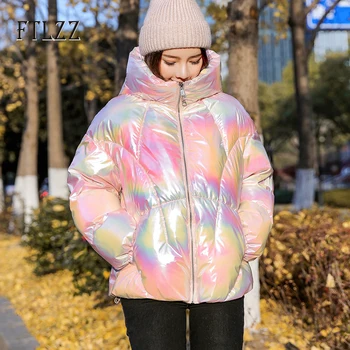 

Rainbow Colorful Bright Parkas New 2020 Autumn Winter Warm Thick Vinyl Puffer Jacket Female Hooded Short Coat Korean Outwear