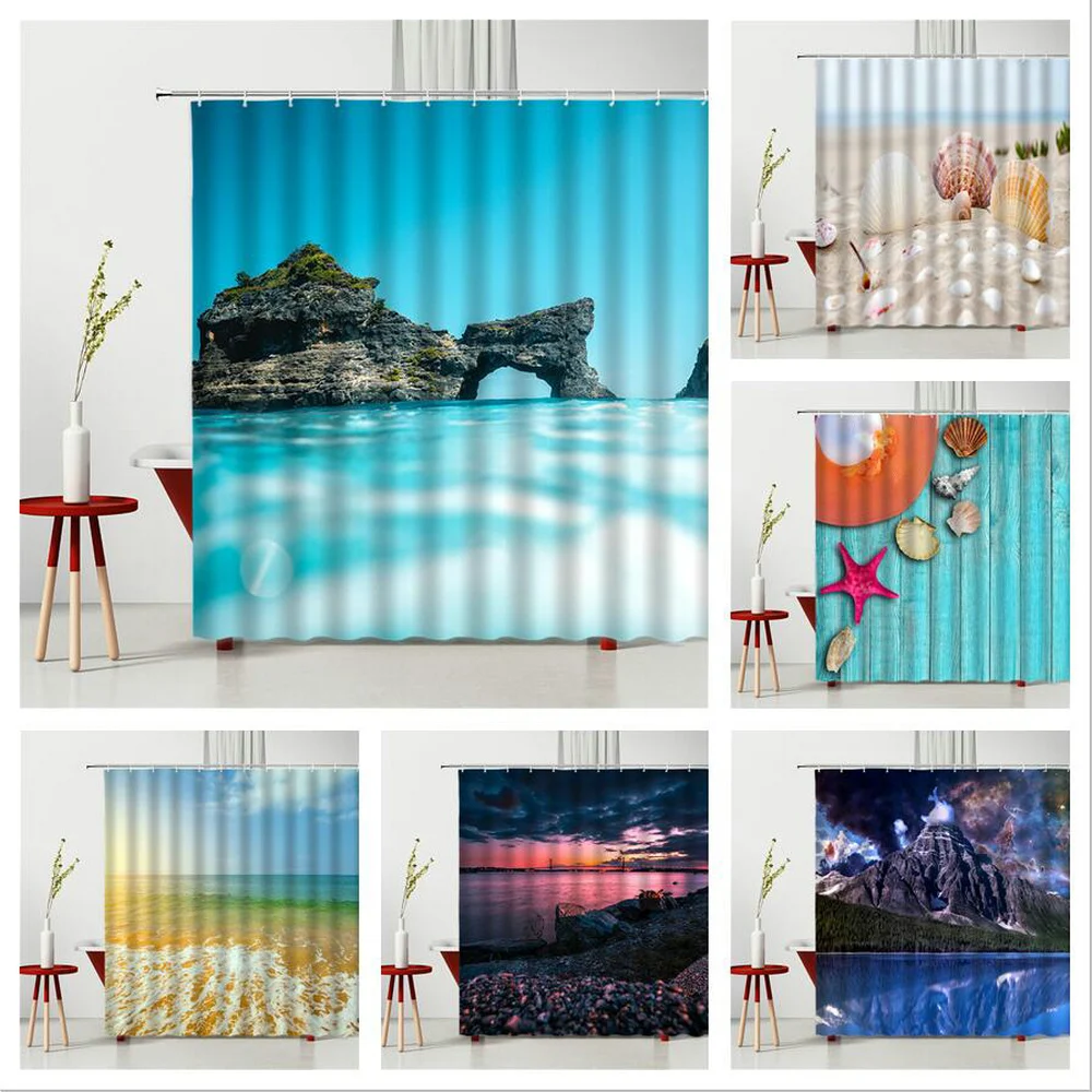 

Ocean Scenery Shower Curtain Shell Beach Sea Turtle Cruise Ship Sunshine Household Bathtub Decoration Polyester Fabric