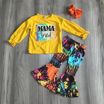 

girlymax baby Girl fall outfit girl yellow mama tried raglan girl bell bottom tie dye pants children winter set with bow