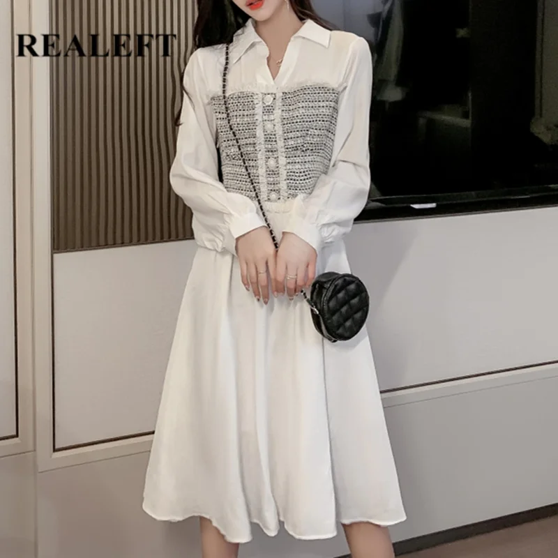 

REALEFT Women Elegant Knee-Length White Shirts Dresses High Waist Patchwork Casual Midi A-Line Dresses Female 2019 New Arrival