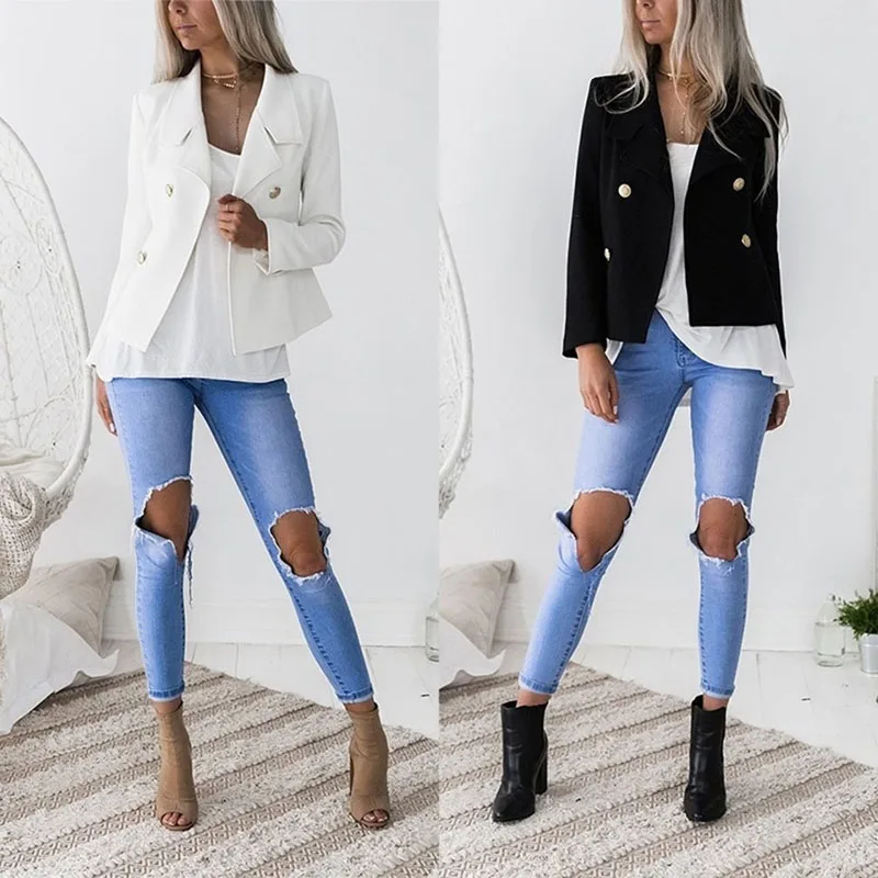 Высокое качество, женские блейзеры, черный пиджак, женские блейзеры, двубортный блейзер с длинным рукавом, тонкий короткий пиджак, новинка