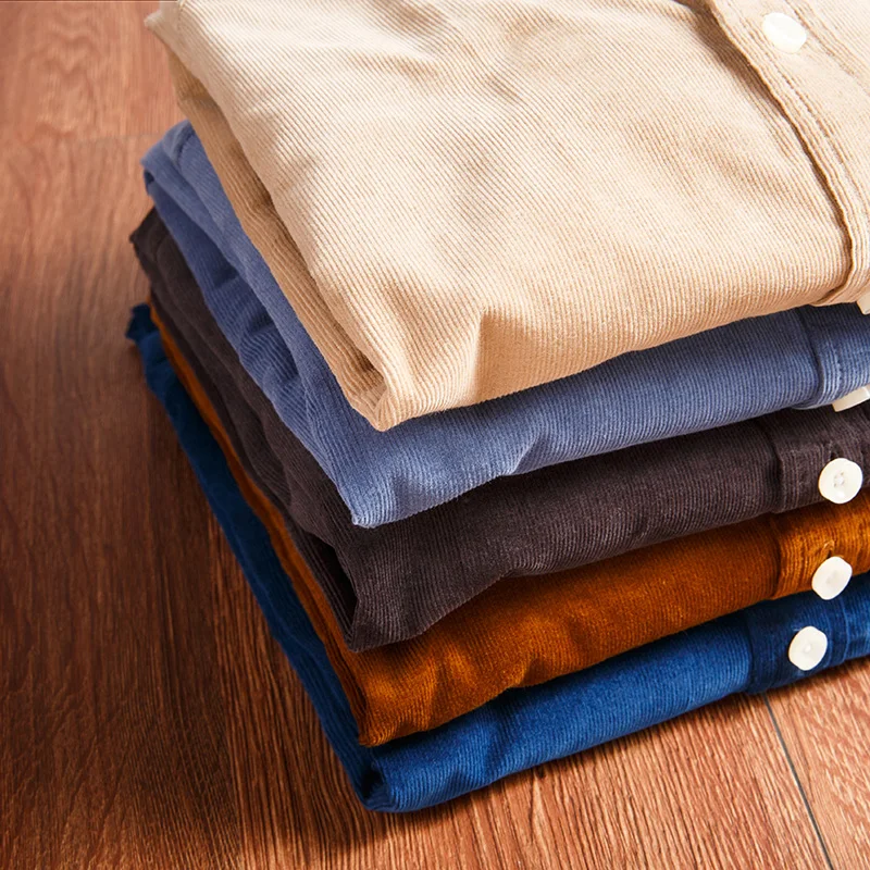 Men's Cotton Casual Shirt Long Sleeve Slim Fit Button-Down Neck Autumn Spring Soft Social Leisure Corduroy Shirt