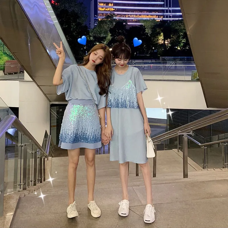 

Summer Women Casual Short Sleeve Sequined 2 Piece Set Solid O-Neck Spaghetti Straps Plus Size T-Shirt And Mini Skirt