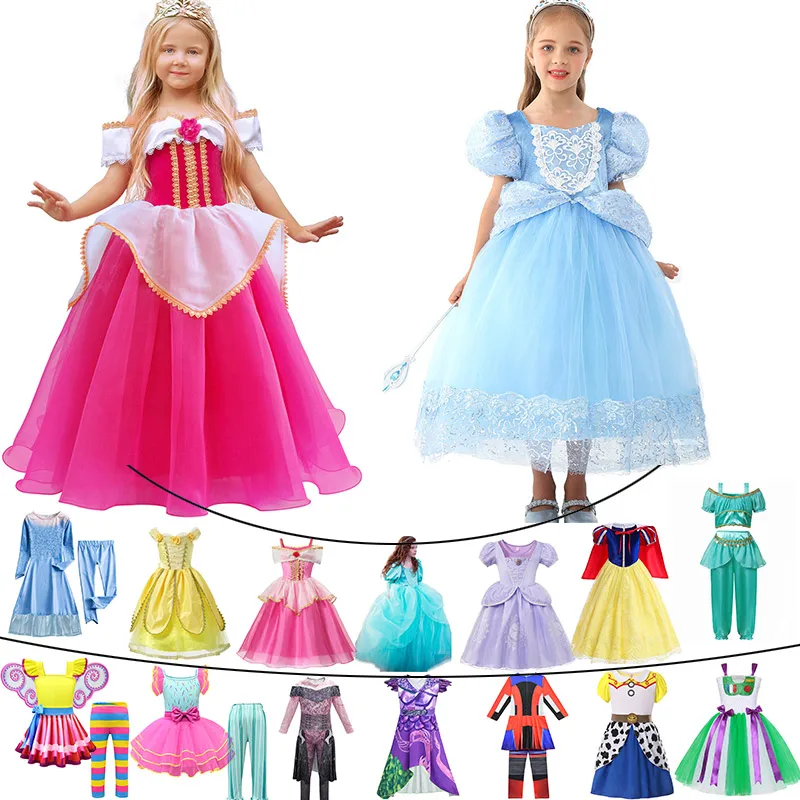 

Children Sleeping Beauty Little Mermaid Ball Gown Girls Cinderella Dress Princess Elsa Cosplay Costume Descendant 3 Mal Disguise
