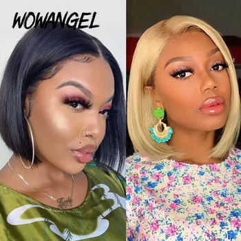 

Wowangel 13*4 Lace Front Human Hair Wigs 613/Natural Black Color Baby Hair Brazilian Remy Straight Short Bob Fast Shipping