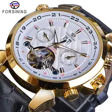 Forsining автоматические механические мужские часы модные золотые Tourbillon Moonphase Дата натуральная кожа Бизнес Спорт Montre Homme