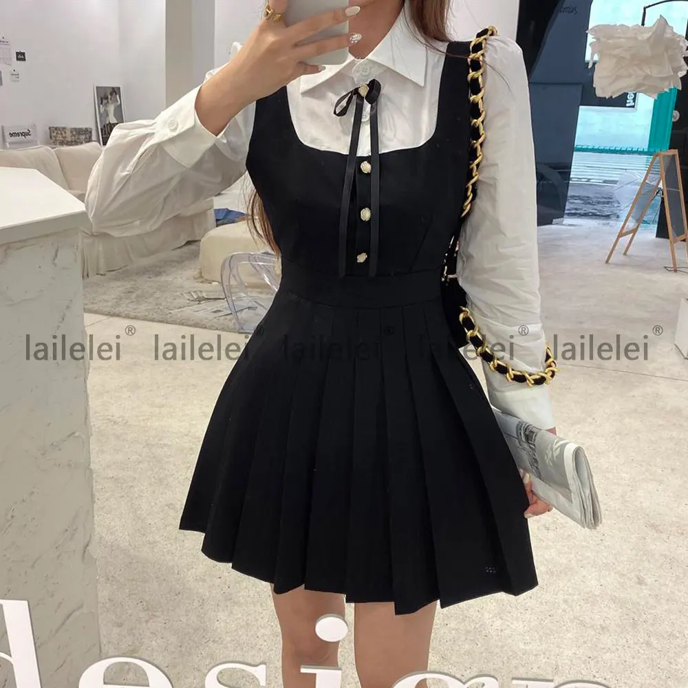 

Patchwork Ruched Mini Dress Shirt Puff Long Sleeve Lolita Vestidos Cortos A-Line Kawaii Party Black Korean Cute 2021 Spring Fall