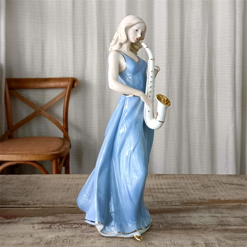 Handmade Porcelain Pub Saxophone Player Girl Figurine Ceramic Saxist