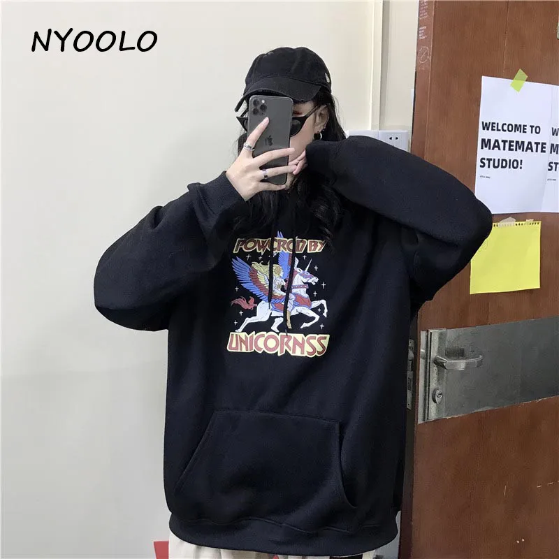 NYOOLO, Осень-зима, лошадиные крылья, с буквенным принтом, теплые толстовки, повседневные, уличные, свободные, плюс бархат, пуловер, толстовка с капюшоном, Женский Топ