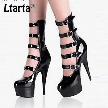 

LTARTA Women Fashionable Hollow Belt Buckle 15CM Super High-heel Low-barrel Shoes Dance Show Buckle Single Shoe LYP-C-022