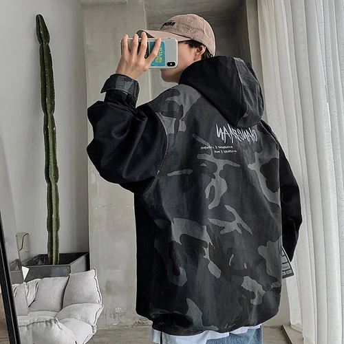 Liketkit мужские куртки с капюшоном мужские камуфляжные свободные пуловеры куртки мужские винтажные Японская уличная одежда камуфляжные куртки - Цвет: Черный