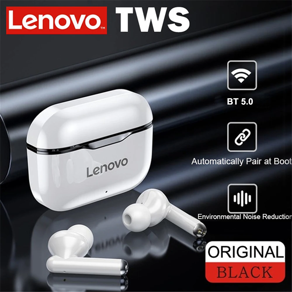 Lenovo-auriculares LP1 TWS con Bluetooth 5,0, dispositivo deportivo con Control táctil, a prueba de sudor, con micrófono, 300mAh