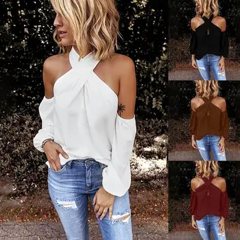 

European and American Women's 2020 New Casual Slim Back Zipper Halterneck Solid Color Patchwork Tops women
