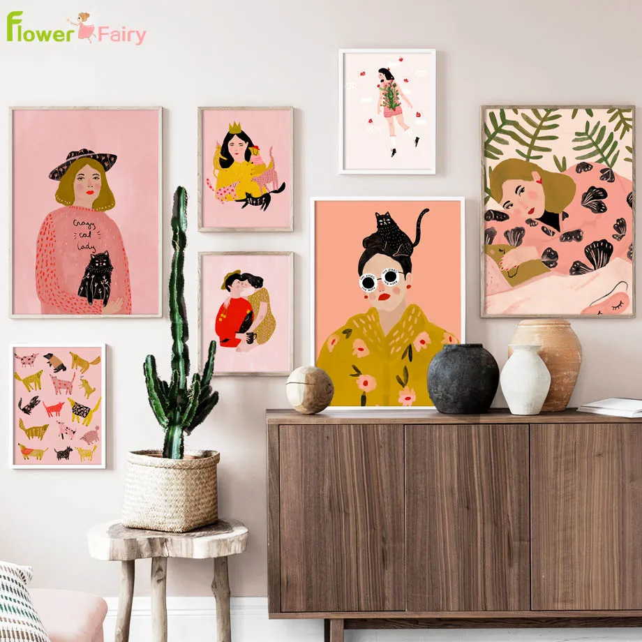 

Abstract Fashion Girl Queen Woman Wall Art Canvas Painting Cats Nordic Poster Cuadros Wall Pictures For Living Room Unframed