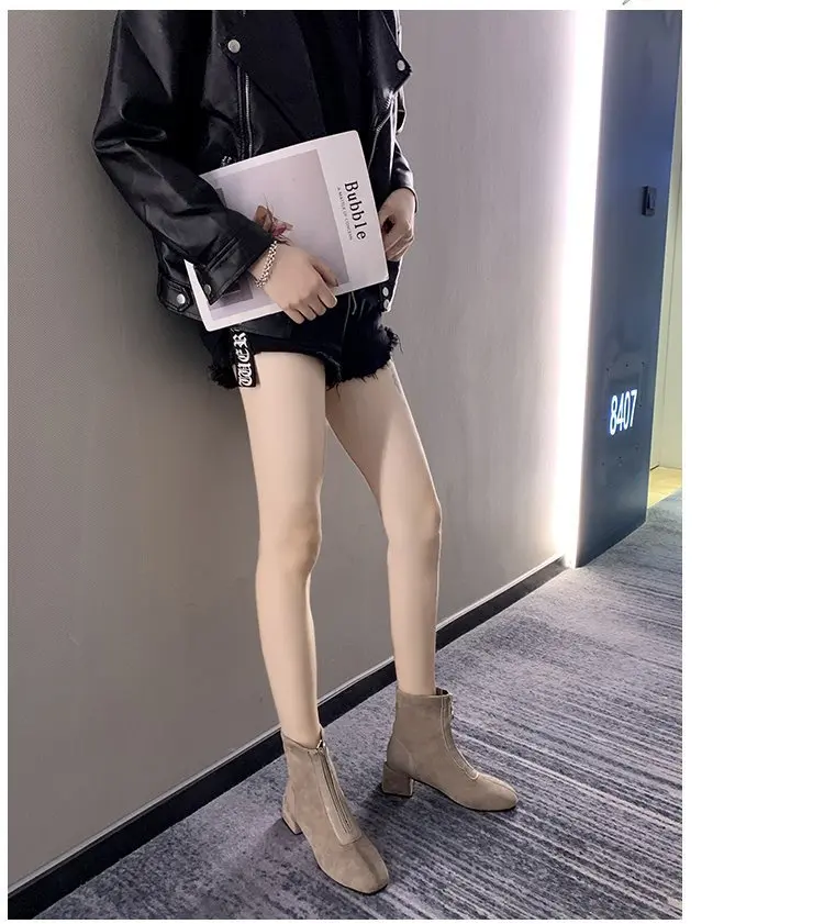 Женские ботинки средней высоты на квадратном каблуке; Zapatos de mujer; модные однотонные Ботинки martin из флока; повседневные женские ботинки «Челси»; короткие плюшевые ботинки