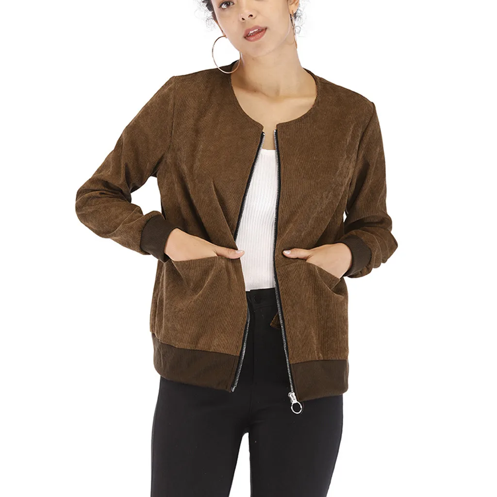 

JAYCOSIN Fashion Jacket Female Round Neck Short Corduroy Casual Jacket Loose Wild Trend Personality Zipper Coat Autumn Winter