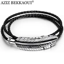 Азиз BEKKAOUI Многослойные перьевые коричневые кожаные браслеты для мужчин Уникальный панк браслет из нержавеющей стали Мужской веревочный браслет