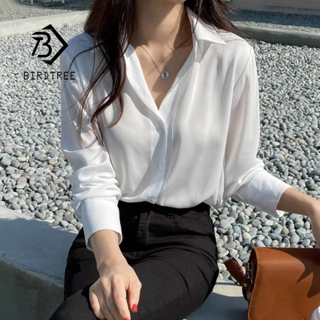 Blusa holgada gasa de manga larga para mujer, camisa blanca informal de oficina, estilo coreano