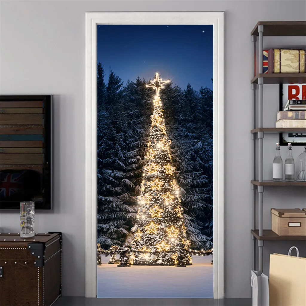 3d Christmas Door Stickers Home Decoration Decals Self-adhesive Door Waterproof Mural Living Room Kids Room Door Decoration