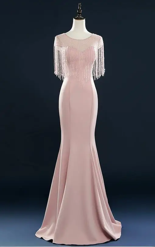 Blush pink Vestidos de gala, новое атласное с глубоким декольте, с кристаллами, кисточками, румяна, розовый, зеленый, темно-синий, серебряный, бордовый, оранжевый, выпускные платья, Длинные - Цвет: Blush pink