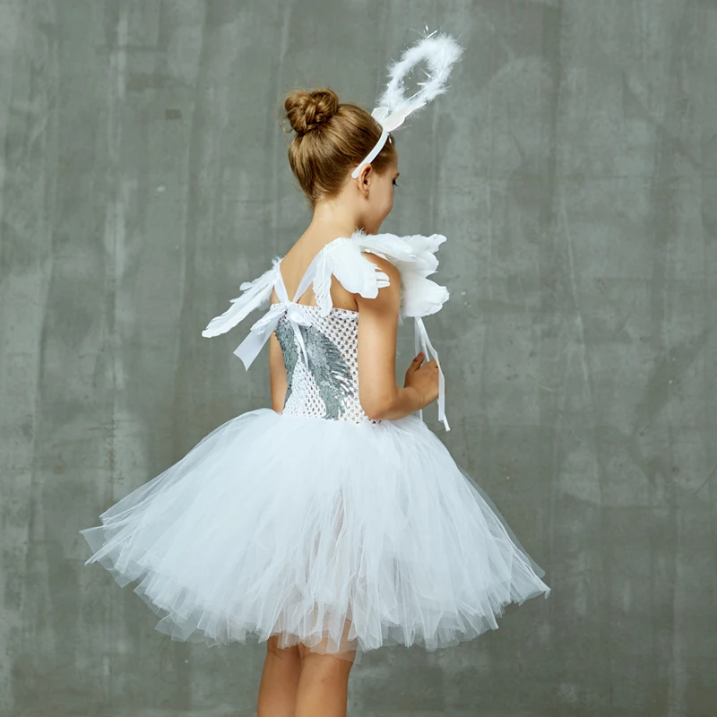 Girls White Heavenly Angel Tutu Dress with Halo & Sequin Angel Wings Back Children Halloween Fancy Dress Up Christmas Costume (17)