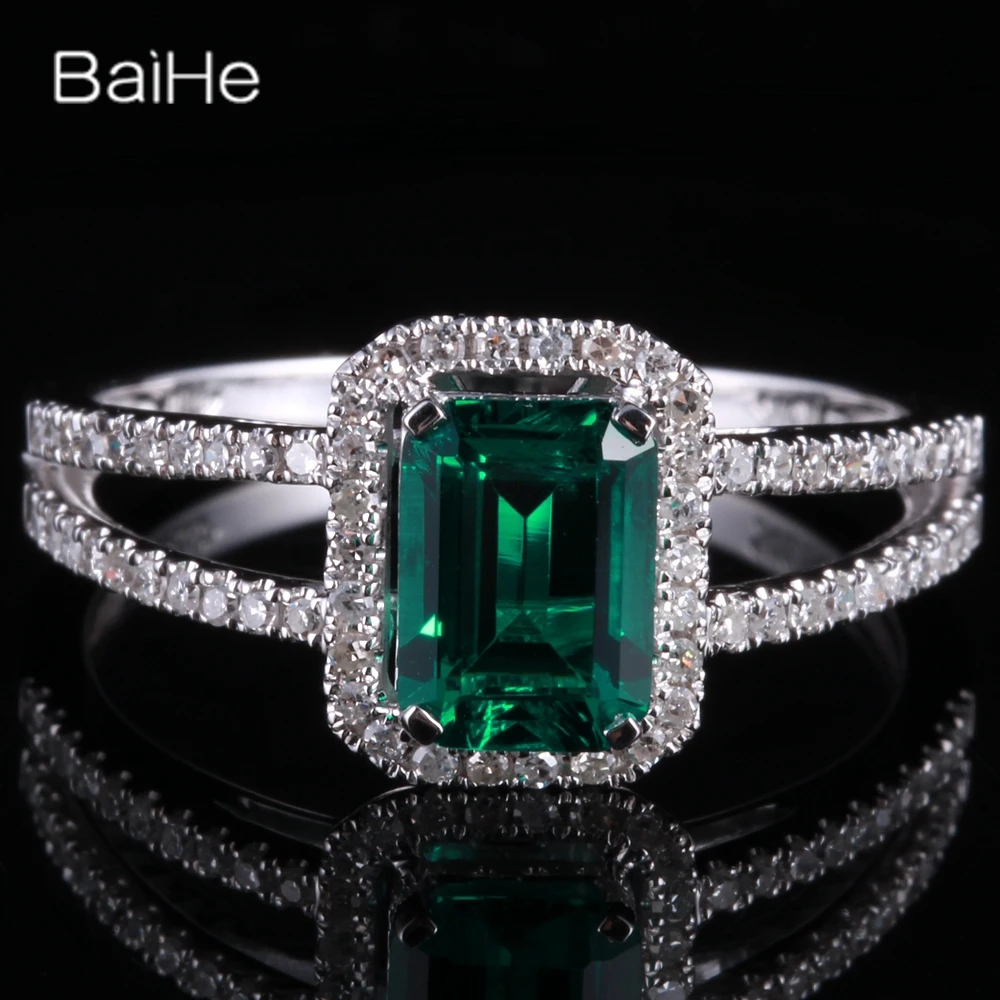 Baihe Solid 14K White Gold Treated Emerald Diamond Rings For Women Men Trendy Wedding Party Fine Jewelry Esmeralda Muslimah