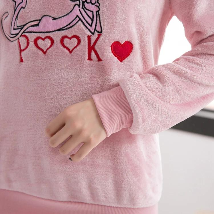 Thick Warm Flannel Pink Leopard Pajama Set for Women Winter Long Sleeve Coral Velvet Pyjama Girl Cute Cartoon Sleepwear Homewear