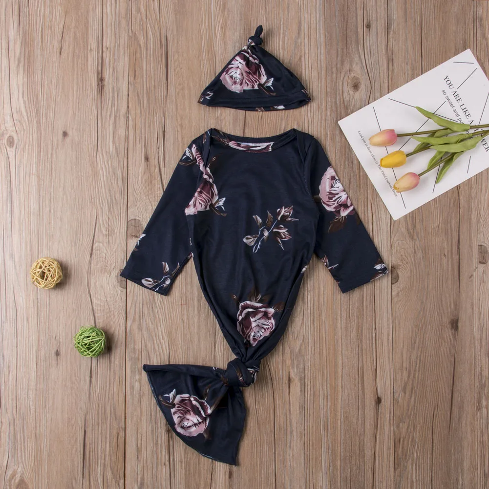 Infant Baby Girls Boys Long Sleeve Flower Gown Blanket Sleep Bag Sleepwear+Hat Sets Newborn New Floral Sleeping Clothes