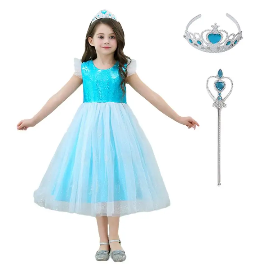 Dress and Crown Маскарадный костюм Эльзы для маленьких девочек; платье принцессы Эльзы с длинной накидкой на Рождество, день рождения, Хэллоуин; нарядное платье Снежной Королевы - Цвет: Dress and Crown