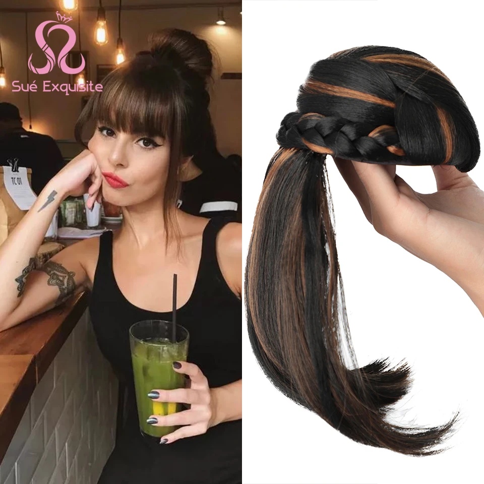 Chignon Hair-Extensions Natural Bangs Braided Clip-In Synthetic Black/brown Women