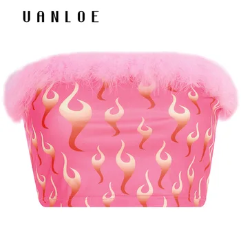 

Women Cropped Patchwork Tube Top Flame Printed Strapless Bandeau Top Summer Streetwear Bra Crop Top Women