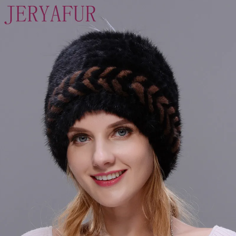 JINBAOSEN echt nerz mode pelz hut marke neue dicken hut damen winter stricken hut mit fuchs pelz ёffnung heiser - Цвет: COLOR1