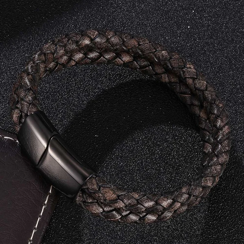 

Double Layer Retro Black Braided Leather Bracelet Men Jewelry Stainless Steel Magnetic Clasp Male Wrist Band Fashion Bangles