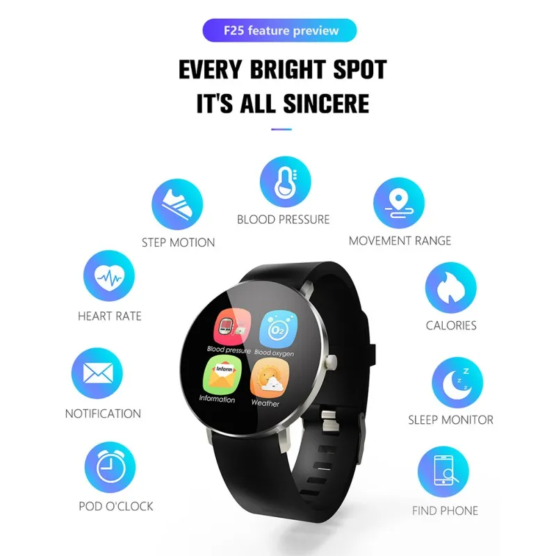 

Hot For F25 High Definition Round Screen Smart Watch Sports Fitness Tracker Blood Pressure Monitoring Wristband