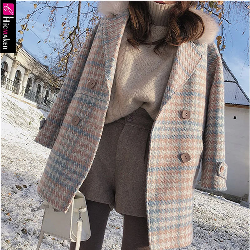 Женское двубортное шерстяное пальто с воротником из твида элегантный офисный