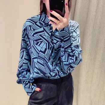 

Women Shirt Geometric Print Silk Shirt