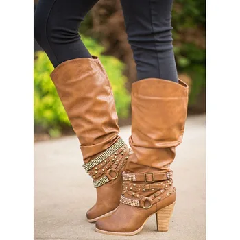 

2019 Newest Women Boots Thigh High Boots brand Rhinestone buckle Ladies Sexy mid calf Boots High Heels Shoes big size jmi