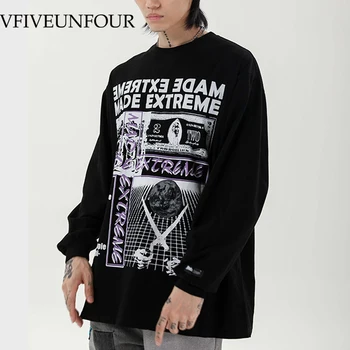

VFIVE UNFOUR Vintage Creative Letters Graphic Print Long Sleeve Tees Shirts Hip Hop Loose Tshirts Oversized Fashion Tops