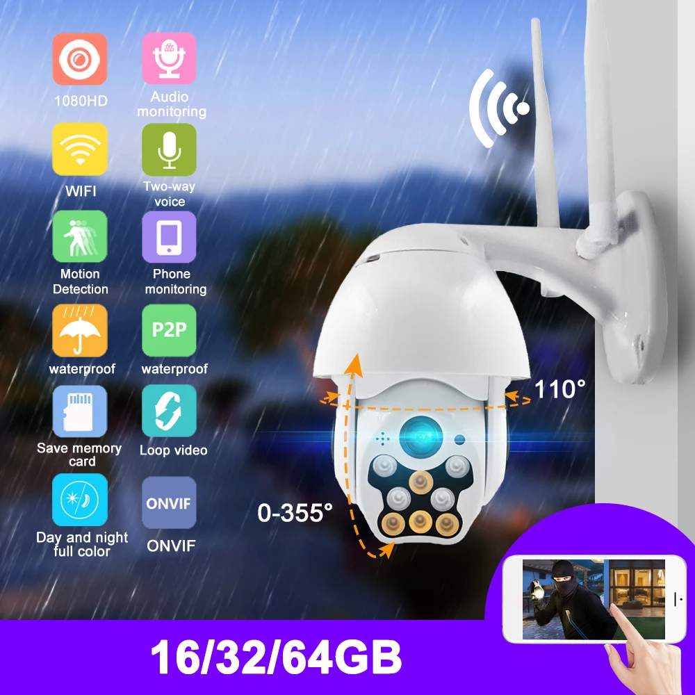 Ip-камера Wifi 1080P высокоскоростная Wifi камера 8 Светодиодный светильник 2-Way Talk Pan Tilt наружная Водонепроницаемая камера наблюдения