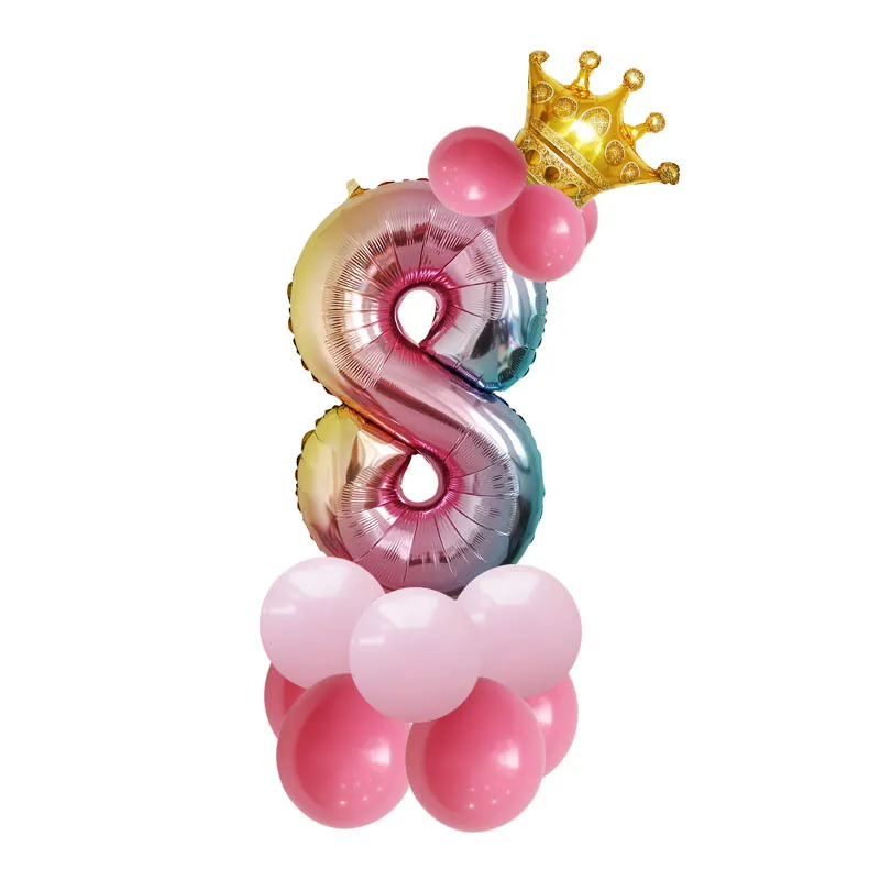 14 шт. Радуга Цвет воздушные шары из фольги в виде цифр комплект корона принцессы для вечеринки, дня рождения для девочек; украшения в честь Детские принадлежности для мячей - Цвет: MV007-8-jianbian