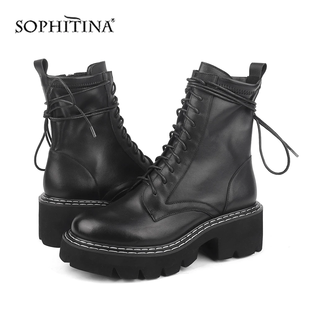 SOPHITINA/Ботинки женские martin. Модные ботинки высокого качества из натуральной кожи и стрейчевой ткани со шнуровкой. Теплая обувь в стиле локомотива. Ботильоны на легкой толстой подошве и квадратном каблуке. SC472