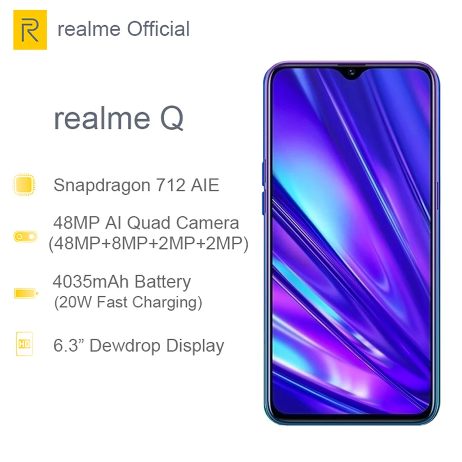 

CN Version REALME Q 6.3'' Dewdrop 6GB 64GB Snapdragon 712AIE Octa Core 48MP Quad Camera VOOC 20W Fast Charger Moblie Phone