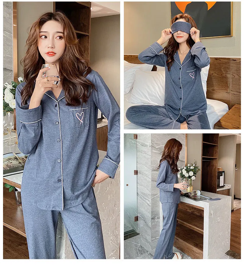 Color Cotton Long Sleeve Womens Pajama Suit Women Clothes Autumn Solid Full Length Pajamas Loungewear Two Piece Sleepwear