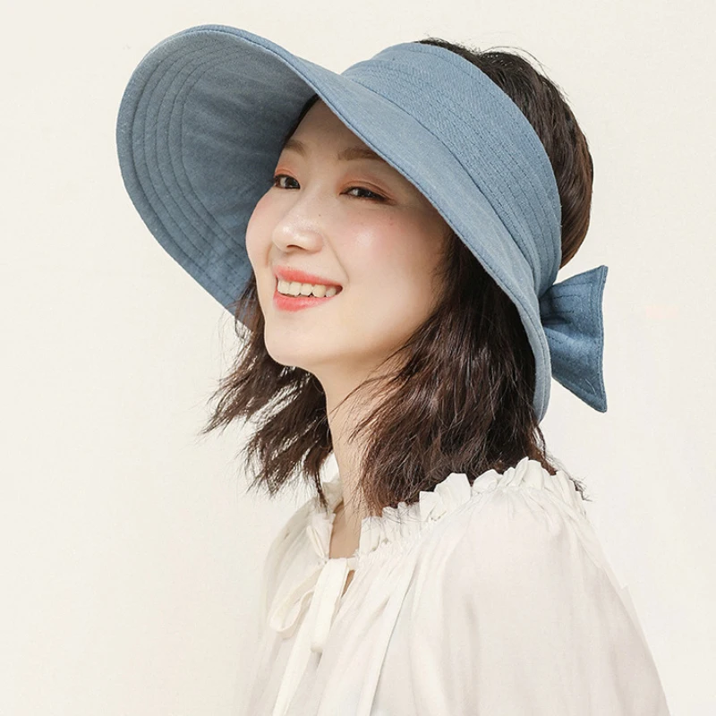 

HT3041 New Fashion Sun Hats for Women Ladies Breathable Linen Summer Hat Solid Bow Visor Cap Packable Wide Brim Sun Visor Hat